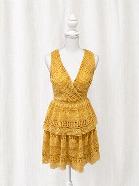 miami Mustard Yellow Crochet Lace Tiered Mini Dress